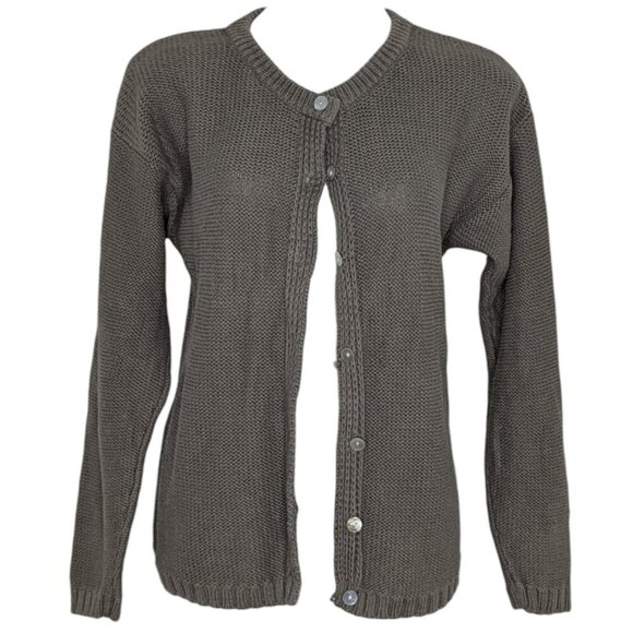 VTG Chunky Knit Green Gray Pearl Iridescent Button Ribbed Hem Cardigan Academia - Picture 1 of 7